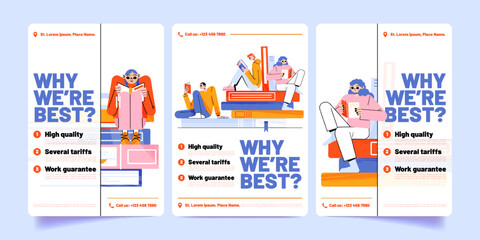 Set of book store banners. Vector illustration of flat male and female characters reading literature with happy interested faces. Students enjoying hobby sitting in library. Publishing festival promo