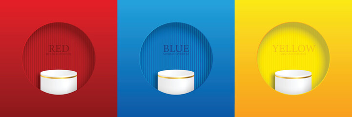 Abstract 3D room set with realistic cylinder plinth on background red, blue, yellow, vertical stripes in circular window on the wall. vector geometry Simulated product display, minimal scene