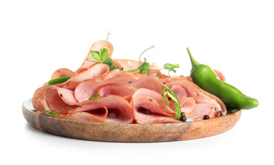 Wooden plate with slices of delicious ham on white background