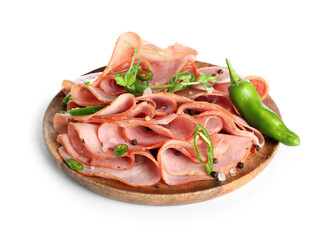 Wooden plate with slices of delicious ham on white background