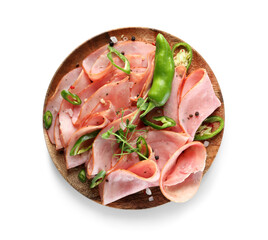 Wooden plate with slices of delicious ham on white background