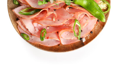 Wooden plate with slices of delicious ham on white background, closeup