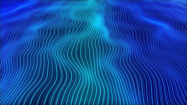 Wave blue glowing animated background. Random motion of space matter. Texture of stripes, lines. Movement route. matrix field. Screensaver for business, presentation, science, technology. 4k
