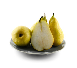 Plate with ripe pears isolated on white background