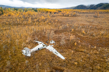 Abandoned wreck plane in a swamp surraunded by larches in Russia.