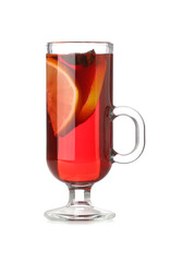 Glass cup of tasty mulled wine isolated on white background