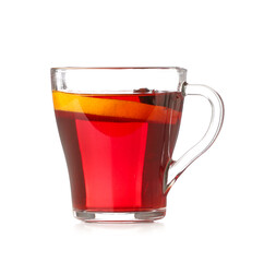 Glass cup of tasty mulled wine isolated on white background