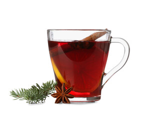 Glass cup of tasty mulled wine isolated on white background