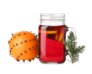 Mason jar of tasty mulled wine and orange isolated on white background