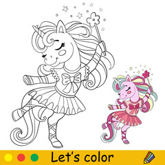 Cartoon unicorn ballerina in dress coloring book page vector