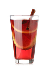 Glass of delicious mulled wine isolated on white background