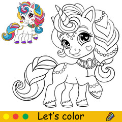 Cartoon girl unicorn with jewels coloring book page vector © alinart