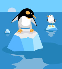Obraz premium Cute penguin among the ice, icebergs in cartoon style. Character for postcards, books for children, scene for a poster. Vector illustration.