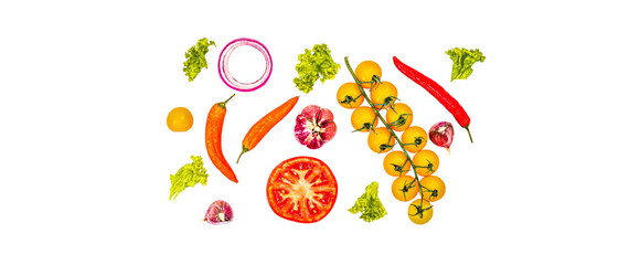 Assorted fresh vegetables and spices isolated on white background. Ingredients for cooking