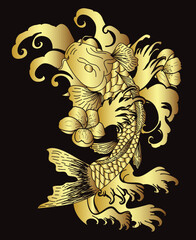 Black and white Koi carp fish vector,Japanese Tattoo with sakura and lotus flower,chinese tattoo with marigold flower,chinese fish and wave.