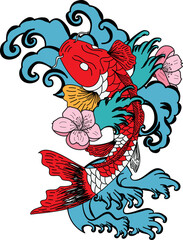 Black and white Koi carp fish vector,Japanese Tattoo with sakura and lotus flower,chinese tattoo with marigold flower,chinese fish and wave.