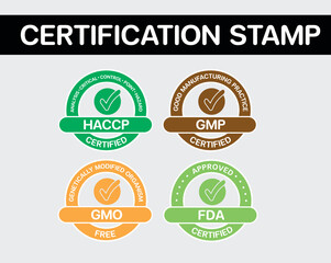 ISO certification stamp and labels collection, GMP good manufacturing practice industrial green mark