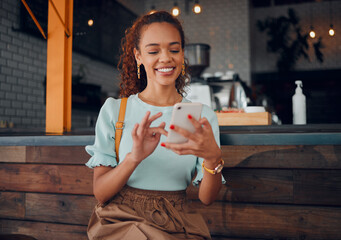 Restaurant, smartphone and relax black woman typing, scroll or check email, contact social media app or social network user. Happy, smile and young gen z girl with mobile tech post to online web blog - Powered by Adobe