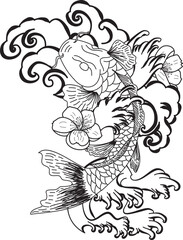 Black and white Koi carp fish vector,Japanese Tattoo with sakura and lotus flower,chinese tattoo with marigold flower,chinese fish and wave.