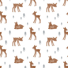 Watercolor Christmas print with cute fawn, сones, trees, mushrooms, decor. Seamless pattern.  Ideal for creating New Year prints on clothes, fabrics, wrapping paper.