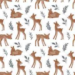 Watercolor Christmas print with cute fawn, сones, trees, mushrooms, decor. Seamless pattern.  Ideal for creating New Year prints on clothes, fabrics, wrapping paper.