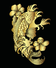 Black and white Koi carp fish vector,Japanese Tattoo with sakura and lotus flower,chinese tattoo with marigold flower,chinese fish and wave.