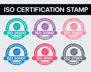 ISO certification stamp and labels collection, GMP good manufacturing practice industrial green mark