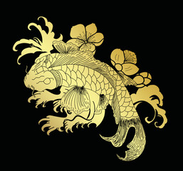 Black and white Koi carp fish vector,Japanese Tattoo with sakura and lotus flower,chinese tattoo with marigold flower,chinese fish and wave.