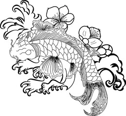 Black and white Koi carp fish vector,Japanese Tattoo with sakura and lotus flower,chinese tattoo with marigold flower,chinese fish and wave.