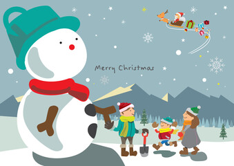 クリスマスに大きな雪だるまをつくる親子のかわいいイラスト