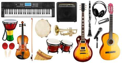 Set collection of various musical instruments. Electric guitar violin piano keyboard bongo drums tamburin harmonica trumpet. Brass percussion studio music design pattern isolated white background - Powered by Adobe