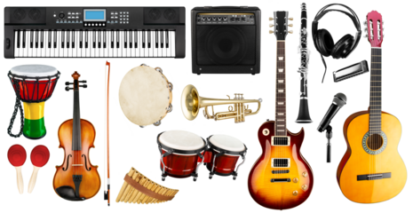 Set collection of various musical instruments. Electric guitar violin piano keyboard bongo drums tamburin harmonica trumpet. Brass percussion studio music design pattern isolated white background