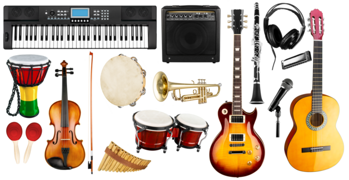Set collection of various musical instruments. Electric guitar violin piano keyboard bongo drums tamburin harmonica trumpet. Brass percussion studio music design pattern isolated white background - Powered by Adobe