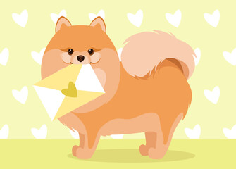 Cute pomeranian dog with an envelope. Card. Cartoon design.