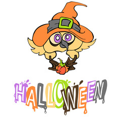 Owl with Halloween letters. An inscription and a funny character. Not a scary horror story - an owl. Template for postcards, stickers and prints on T-shirts and mugs.Purple, Green