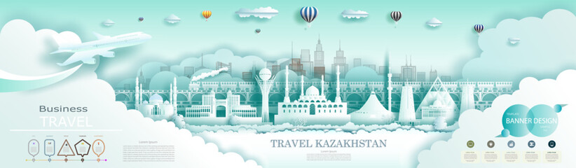 Advertising travel brochure Kazakhstan top world modern skyscraper and famous.