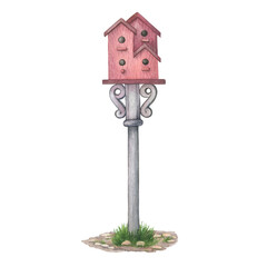 Obraz na płótnie Canvas Country outdoor garden, wood pink vintage birdhouse for home patio decor. Hand drawn watercolor painting illustration isolated on white background.