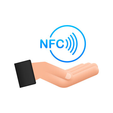 Contactless wireless pay sign in hands logo. NFC technology. Vector stock illustration.