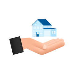 Fototapeta na wymiar Businessmans hand holding a house. Home rental, property, real estate concept. Vector illustration. Technology concept.