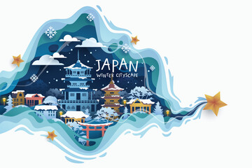 Fototapeta premium Japan famous landmarks travel banner in winter