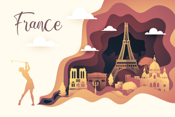 Panorama travel advertising of world famous landmarks of Paris in paper cut style © coz1421