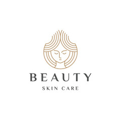 Woman face beauty line logo design template flat vector