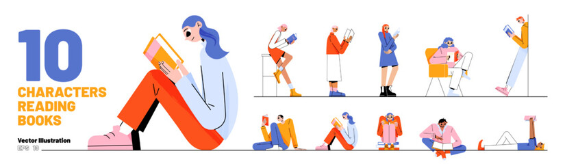 Set of people reading books standing, sitting and lying on floor. Male and female characters sparetime in club, home or library. Students read, prepare for exams, Line art flat vector illustration