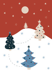 Christmas card with christmas trees under the moon nd stars, christmas eve 