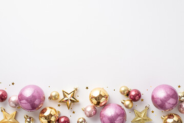 Christmas decorations concept. Top view photo of stylish gold violet and pink baubles star...