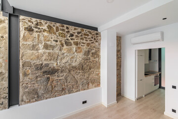 Mix of new and old architecture. Refurbished apartment with restored ancient wall left from old...