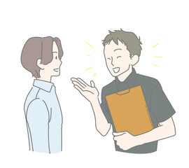 明るく笑顔の接客が気持ちいい若い男性スタッフと笑顔のお客さん