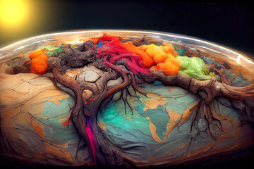 Fantastic planet covered with huge unusual tree roots. View from space