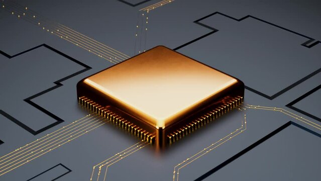 gold computer processor working hard transfer data, technology background, motherboard 3d animation