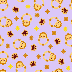 Seamless pattern with animals on a lilac background. A pattern with a baby rattle in the form of a lion. Kawaii animals